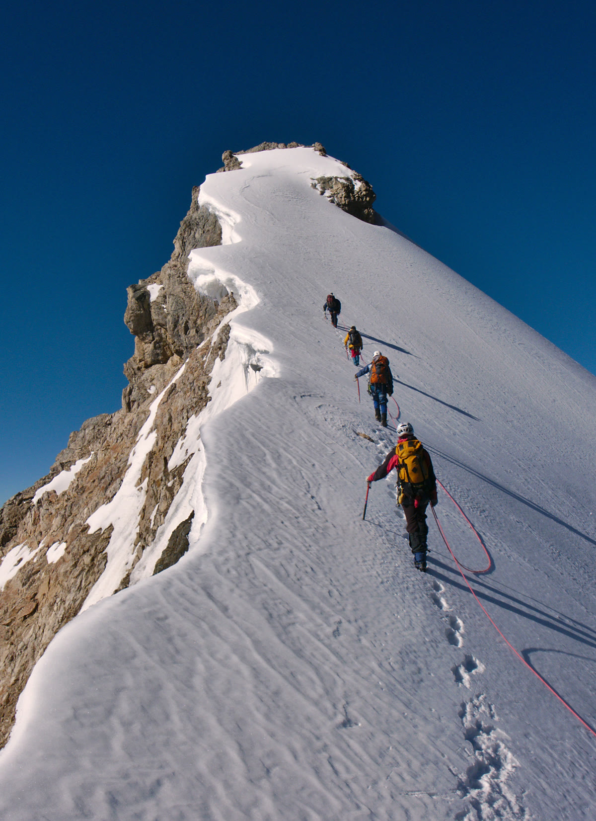 Four climbers on one rope nearing a summit